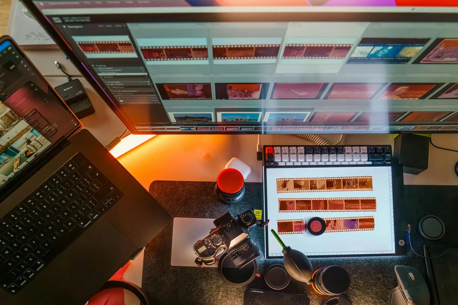Arbeitsplatz mit Monitor für Bildbearbeitung und Farbabstimmung